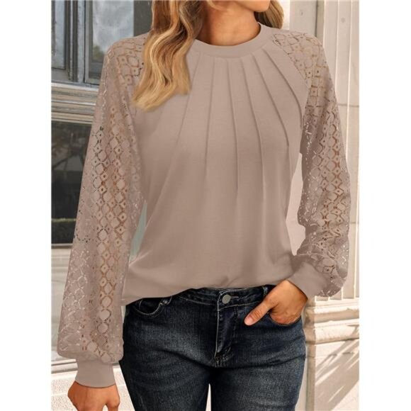 Womens Long Sleeve Shirts Pleated Lace Tops Fall Fashion Outfits - Picture 6 of 7